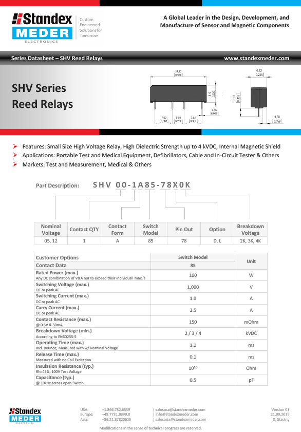 SHV REED继电器数据表