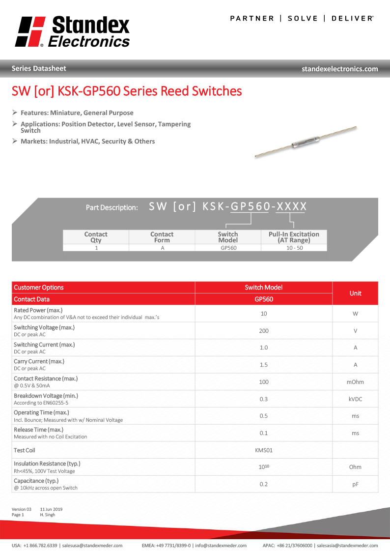 数据表 -  KSK或SW GP560系列簧片开关