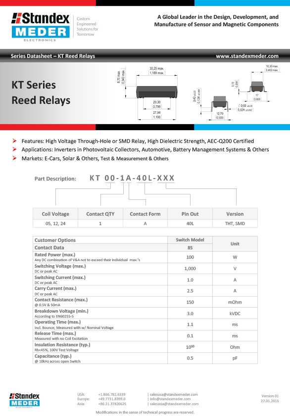 KT干簧继电器数据表